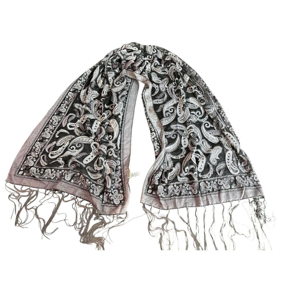 Y2K whimsigoth- Burnout Paisley Design- Black Silver Metallic End Tassels 60x19"